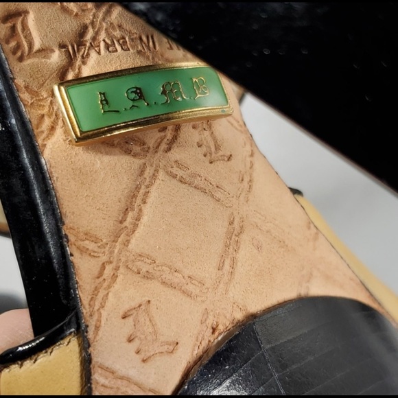 L.A.M.B. Tan & Black Strappy Slip On Heels - Picture 5 of 8